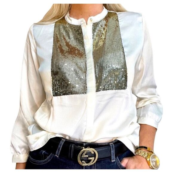 Paterson J Kindaid PJK Satin Tuxedo Blouse Gold Sequin Bib Cream Size‎ XS - Picture 1 of 7